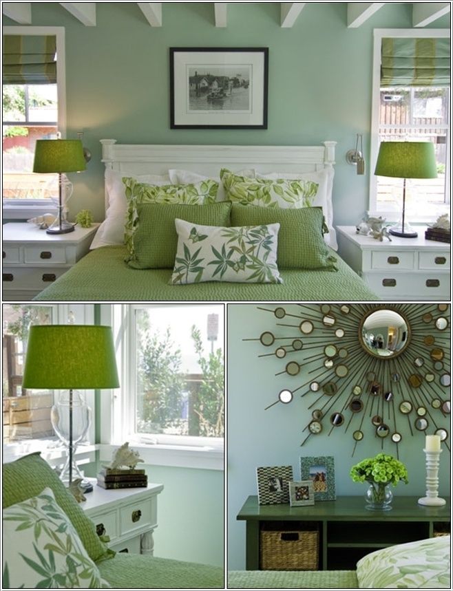 a collage of photos with green and white decor in the bedroom, including a bed