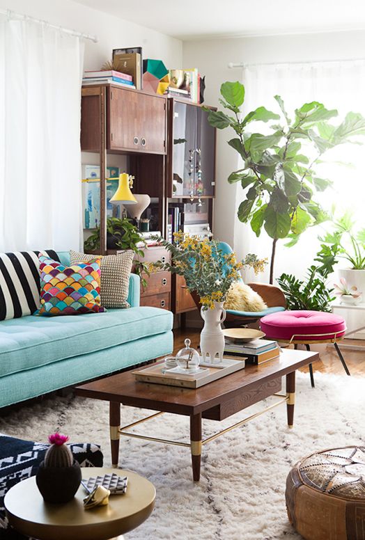 Fun Mid Century Modern Living Room With Turquoise Sofa And Indoor Plants Fun Mid Century Modern Living Room With Turquoise Sofa And Indoor Plants