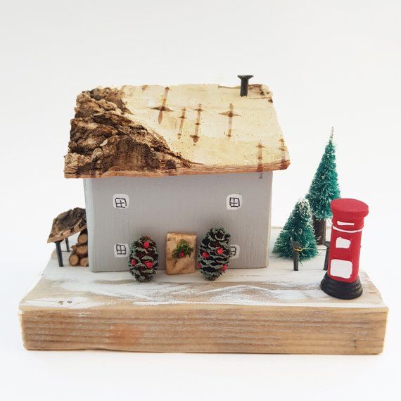 Rustic Wooden Houses Wreath 3 white mini wooden houses with moss roofs