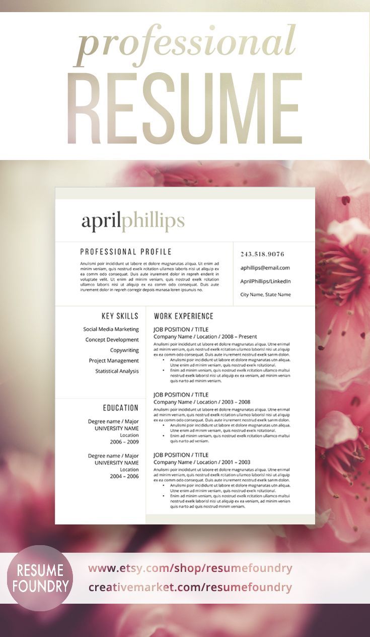 Beautiful professional resume template. Includes three options for one, two or three page resumes, cover letter template and reference template.