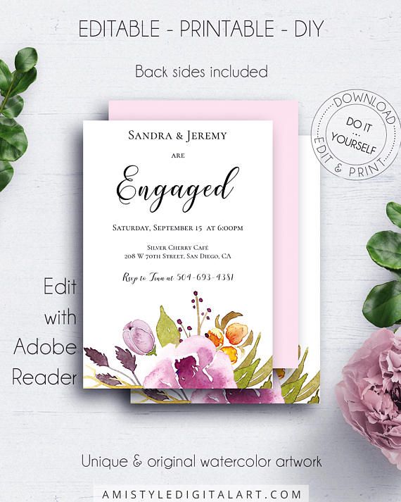 Engaged Floral Invitation, with lovely and charming watercolor floral graphics for the lovers of the vintage and bohemian style.This adorable engagement invitation template listing is an instant download EDITABLE PDF so you can download it right away, DIY edit and print it at home or at your local copy shop by Amistyle Digital Art on Etsy