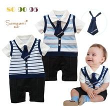 Çizgili tulum çocukları ile 2014 Bebek romper yaz erkek Gentleman kıyafetler...
