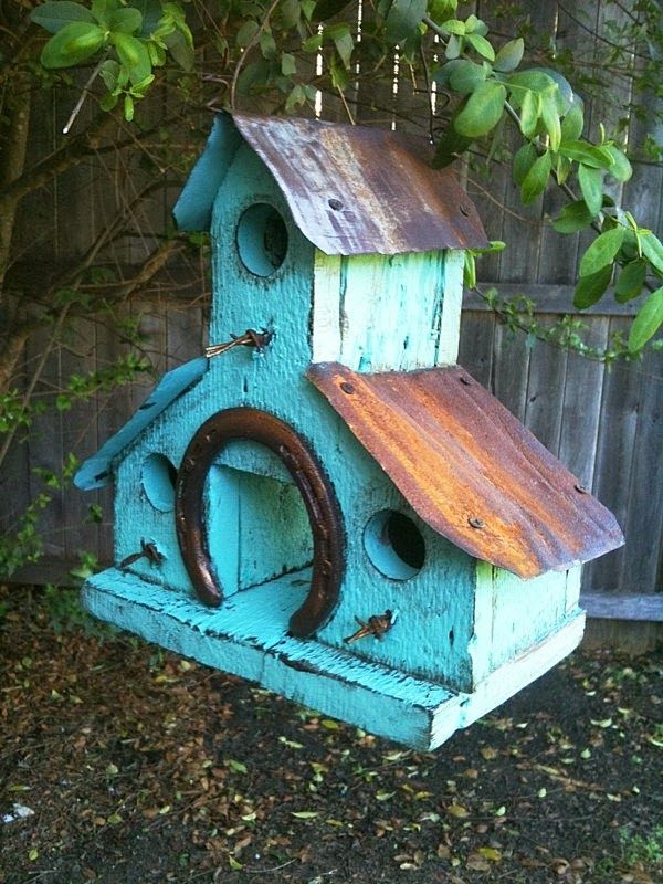 RUSTIC Turquoise BARN WOOD Birdhouse W Rusted Metal Roof Is That A Horse Shoe RUSTIC Turquoise BARN WOOD Birdhouse W Rusted Metal Roof Is That A Horse Shoe