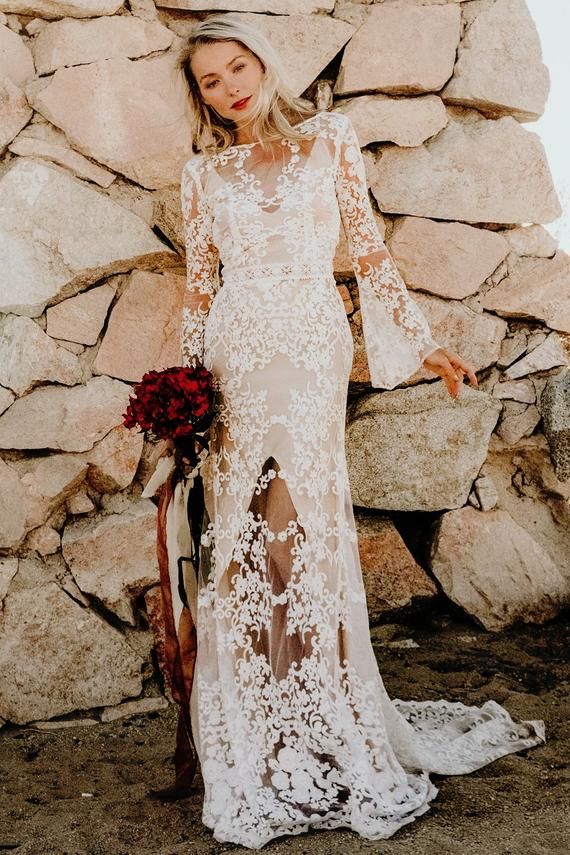 Boho Lace Sheer Bell Sleeves Back Buttons Bohemian Hippie Etsy