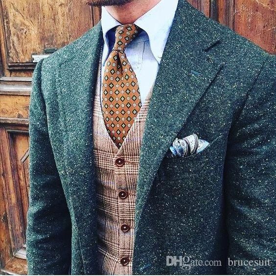 2017 Mens Green Donegal Tweed Suit Custom Made Brown Mens Tweed Suit Tailored Si...