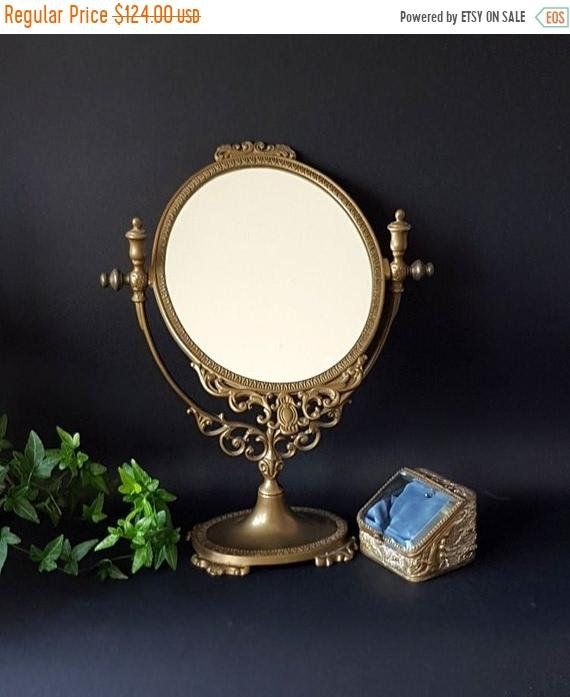 French Vanity Mirror Gilt Brass Vintage Large Ornate Dressing Table Makeup Victorian Style Swivel Pedest Викторианский Винтаж Латунь French Vanity Mirror Gilt Brass, Vintage Gilt Mirror Vanity Stand