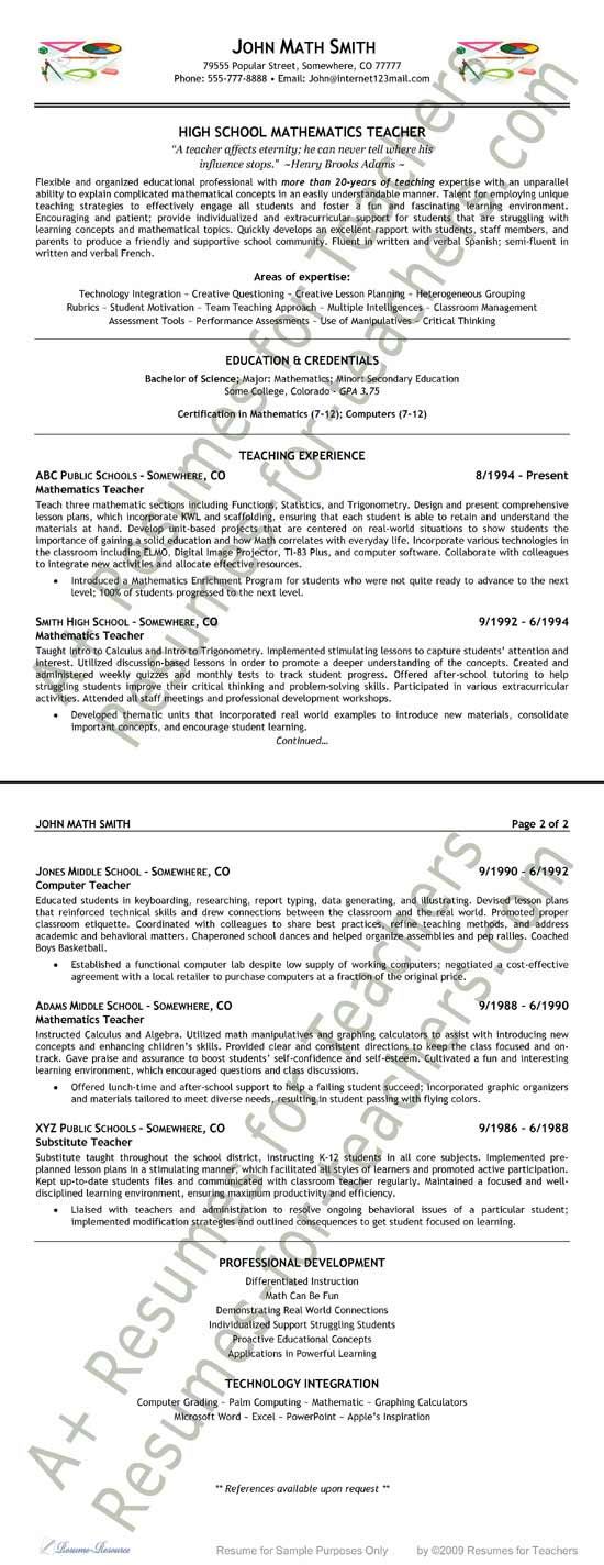 sample high school teacher resumes