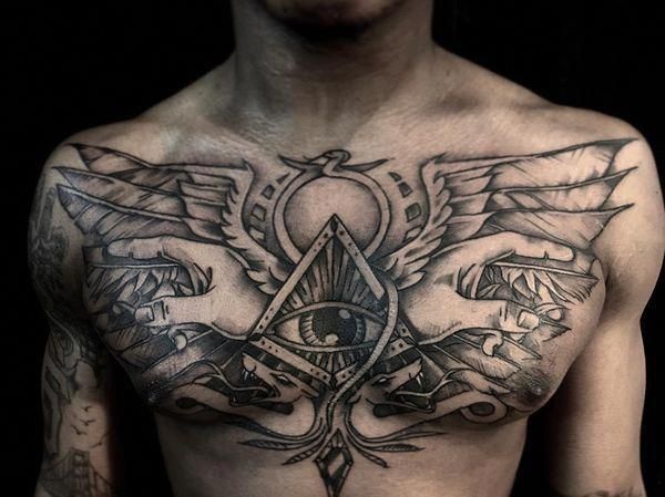 Eye Of Horus Egyptian Themed Mens Upper Chest Tattoo Egyptian Eye Tattoos Egyptian Tattoo Egyptian Tattoo Sleeve