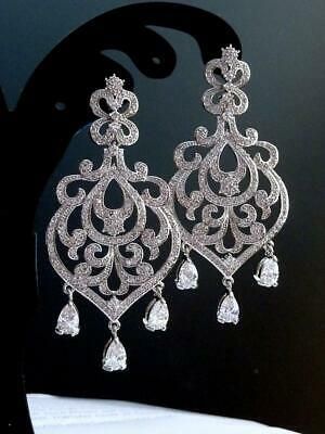 Classic Fancy Vintage Style 2 30 Ct Cubic Zirconia Big Chandelier Solid Earrings Bridal Jewelry Wedding Bridal Earrings Jewelry, Large Chandelier Style Earrings