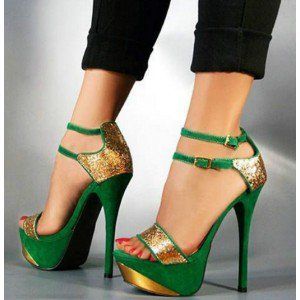 green heels with gold
