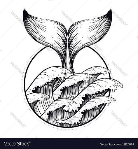 Whale tail in sea waves boho blackwork tattoo vector image on Whale tail in sea waves boho blackwork tattoo vector image on