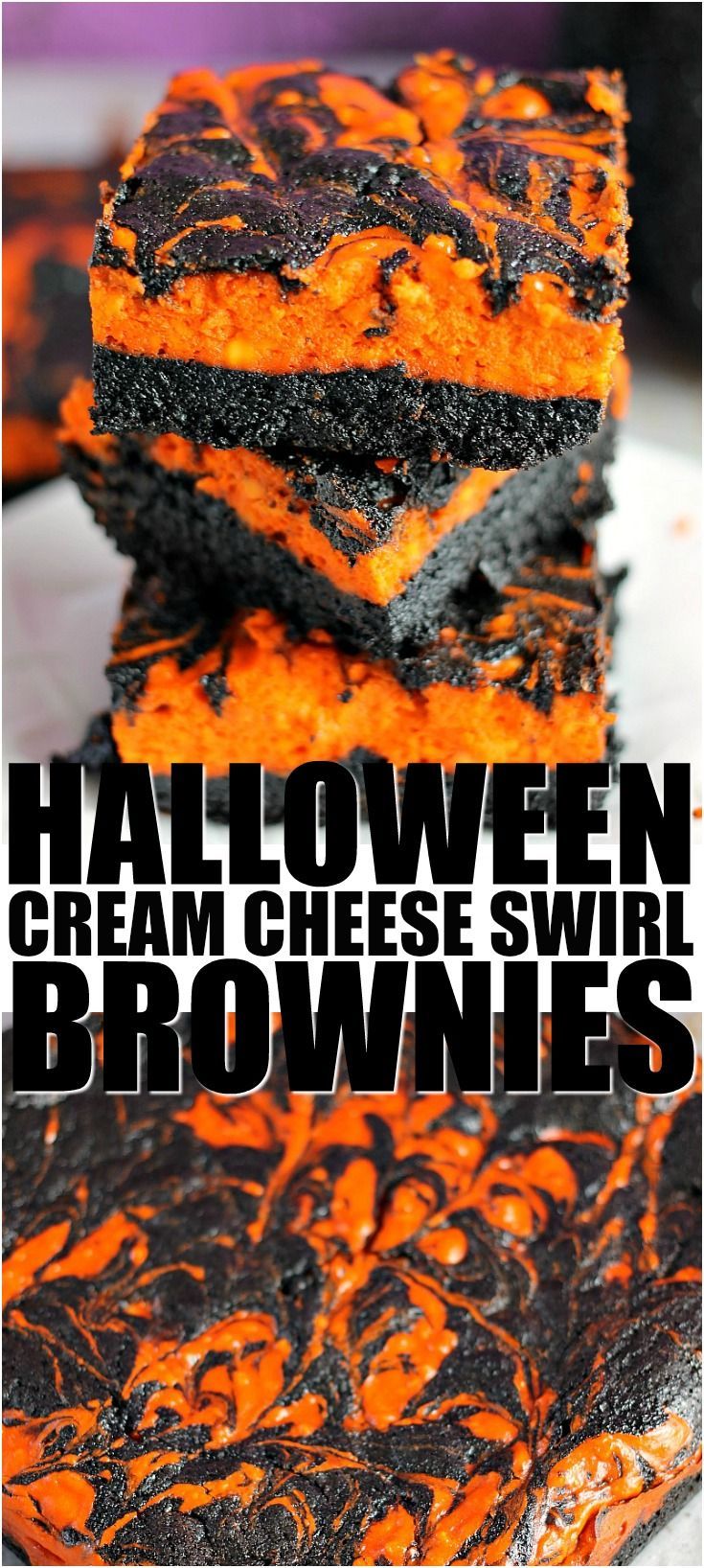 Halloween Cream Cheese Swirl Brownies have a layer of rich, dark chocolate brown...