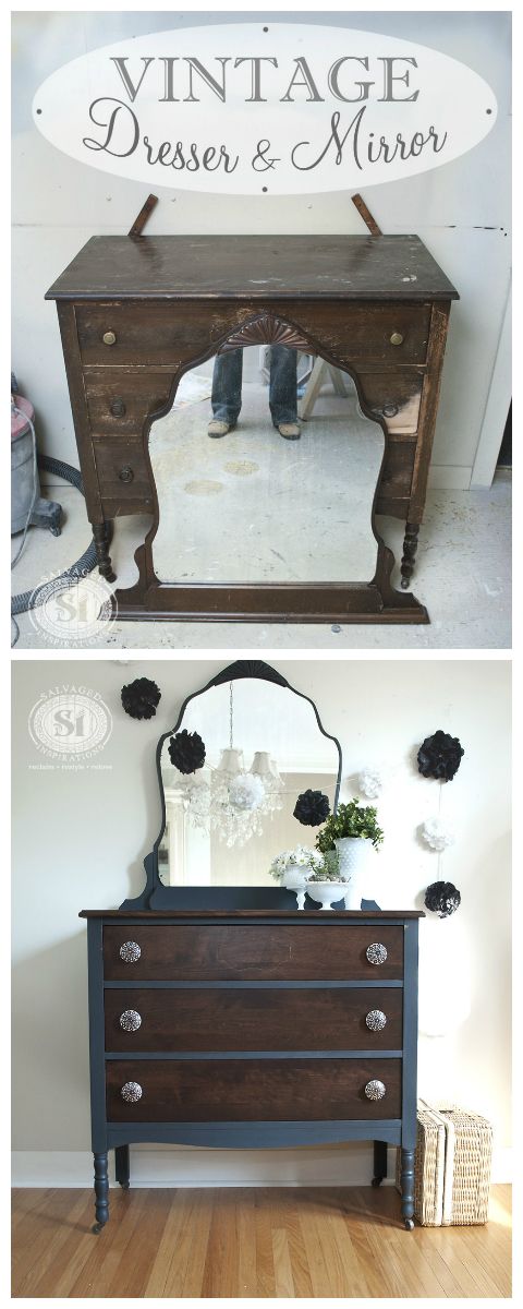 an old dresser has been transformed into a vintage dresser and mirror with black paint on it