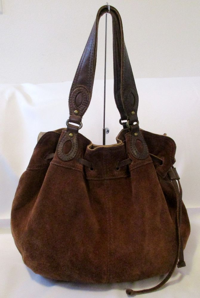 Lucky Brand Drawstring Hobo Tote Shoulder Bag Purse Handbag Dark Brown Leather Ebay Chic Purses Hobo Style Suede Leather [ 1000 x 671 Pixel ]