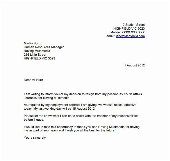 2 Week Notice Template Word Inspirational Sample