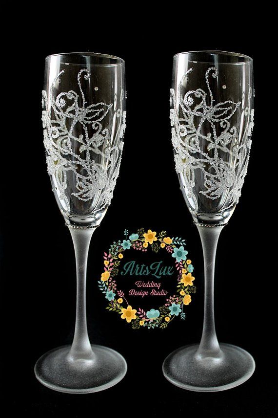 Winter Wedding Champagne Glasses Hand Painted Frosty Wedding