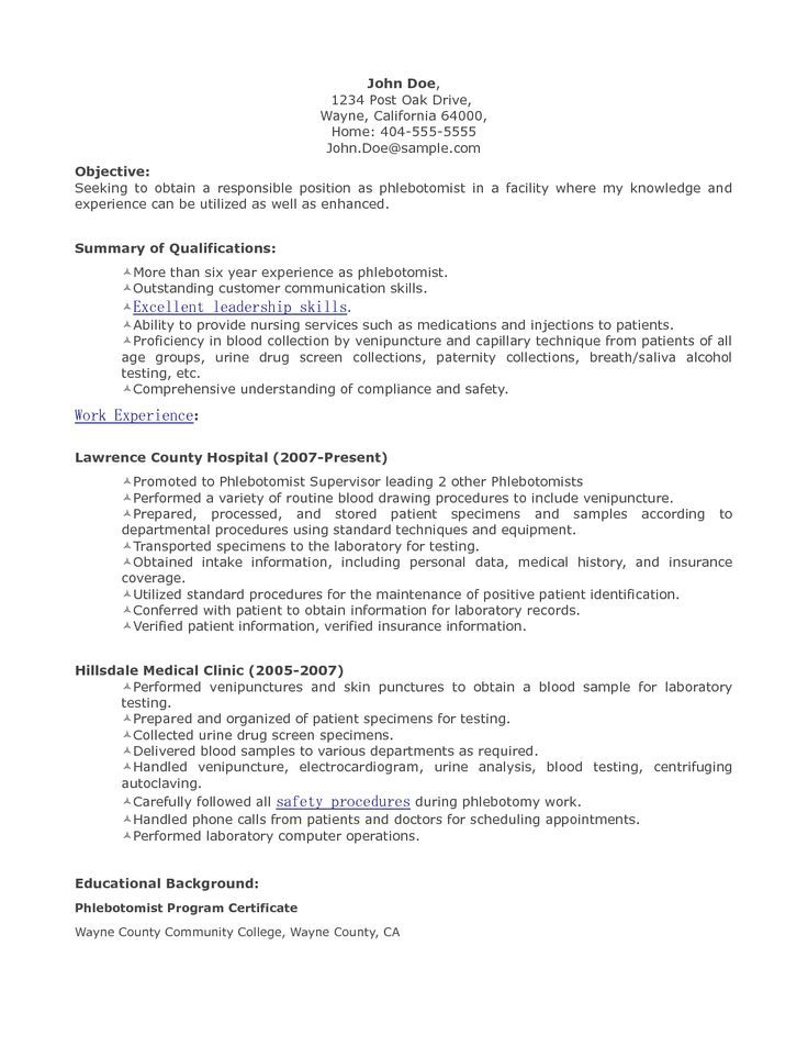 resume objectives for a phlebotomist sample phlebotomist sample phlebotomy cover letter
