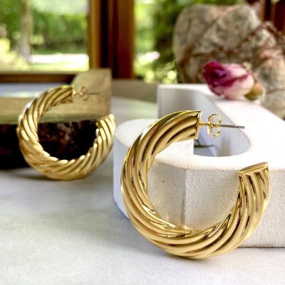 40mm Twisted Hoop Earrings Gold Plated Wide Twisted 8mm Thick Etsy Large Hoop Earrings Great Gifts For Girlfriend Hoop Earrings
