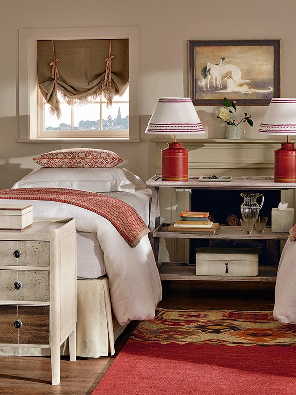 This English Country Style Twin Bedroom By Oka Uses Subtle Hints Of This English Country Style Twin Bedroom By Oka Uses Subtle Hints Of Red To Wake Up The Room Printed Cushions Tea Caddy Lamps And Patterned Lampshades Keep