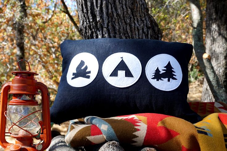 Camp Theme Pillow Cover With Campfire Camping Tent and Trees Felt