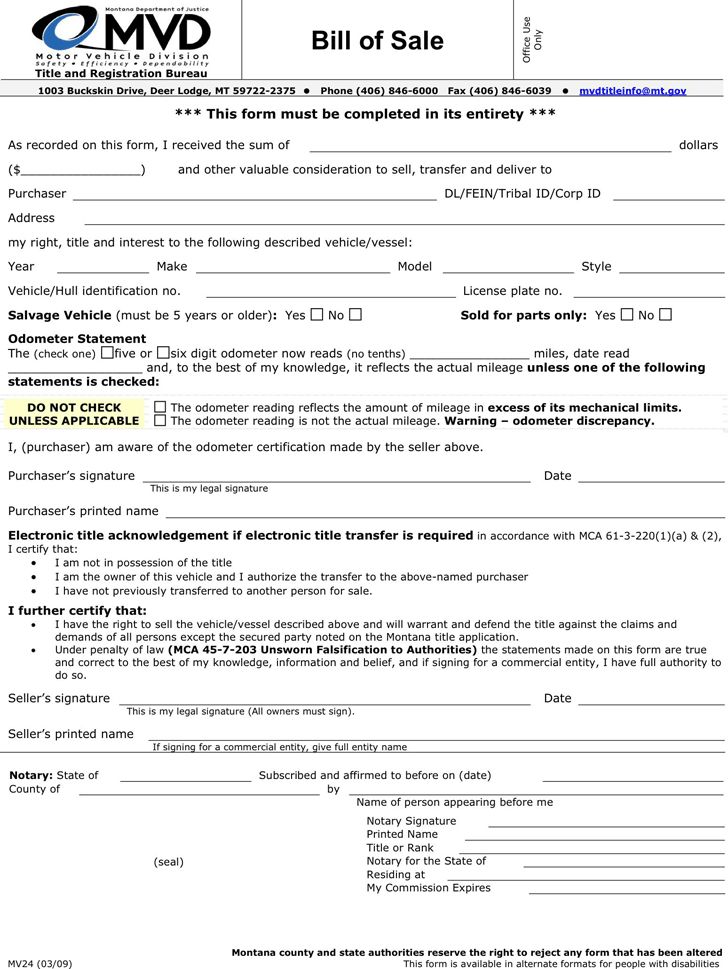 Montana Motor Vehicle Bill of Sale Form Download the free Printable
