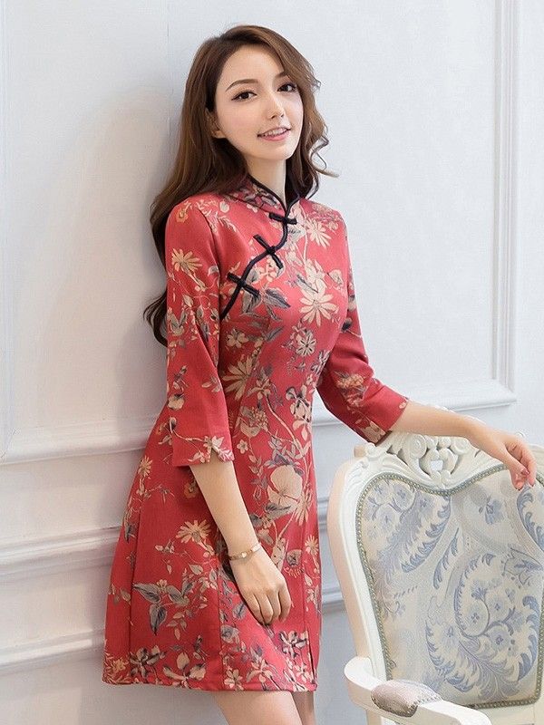 Women/'s Chinese Vintage Long Sleeve Floral Maxi Qipao Dresses Casual Cheongsam