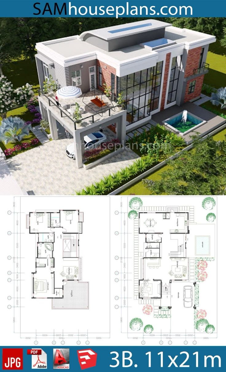 House plans 11.5x21.1m with 3 Bedrooms - Sam House Plans