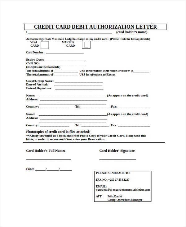 credit card authorization letter template