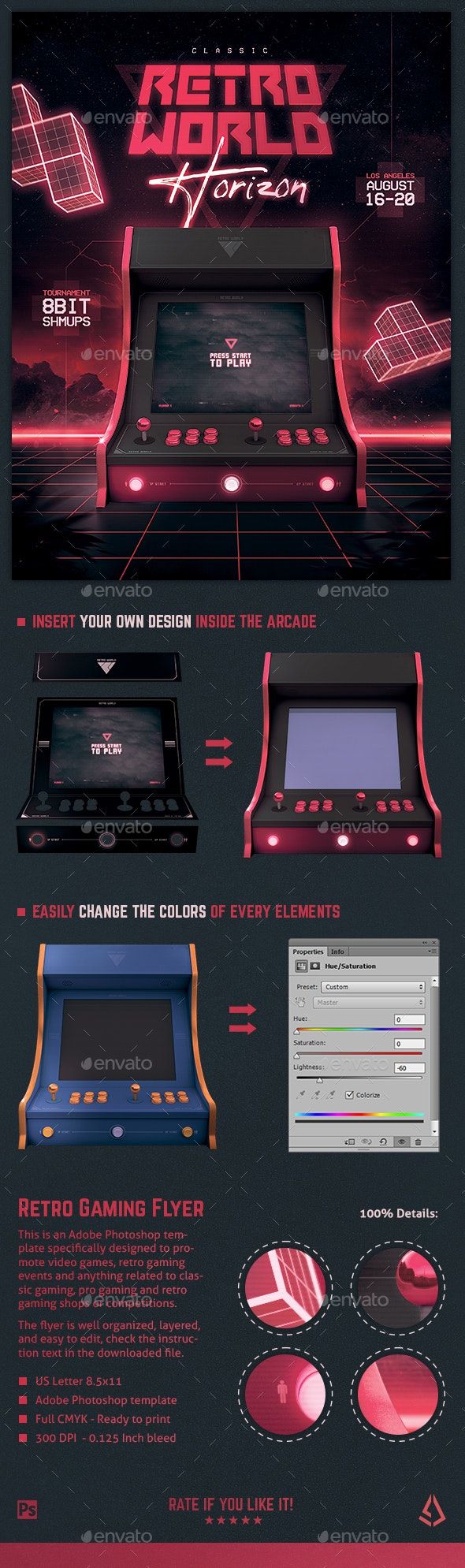 Video Games Flyer 80s Retro Gaming Arcade Mock Up Poster Photoshop Template Design Arcade Retro Gaming