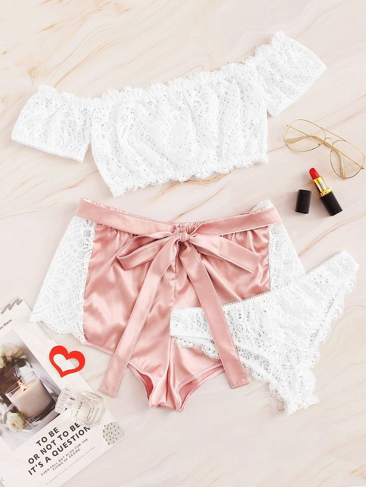 Floral Lace Bardot Lingerie Set With Satin Shorts 3pack - Popviva popviva.com/.....