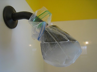To remove clogging and unsightly mineral deposits from your shower head, put one cup of vinegar in a plastic bag and place it over the shower head. Hold it in place with a twist tie and let stand overnight. In the morning, remove the bag and the mineral deposits should come off by wiping with a damp cloth. #shower #cleaning