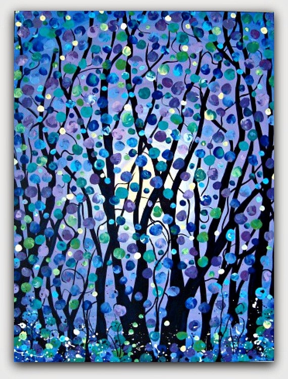 original tree landscape blues purples circles acrylic abstract
