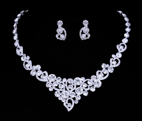 Chic Argent Cristal Mariage Mariée Rinestone Collier Boucles d/'Oreilles Mariage Bijoux Set