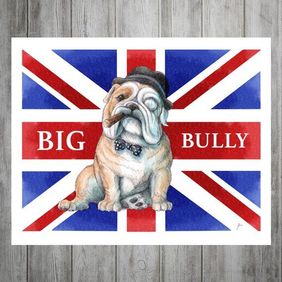 ENGLISH BULLDOG DOG HEADS ON UNION JACK FLAG PATRIOTIC DOG PRINT READY MOUNTED