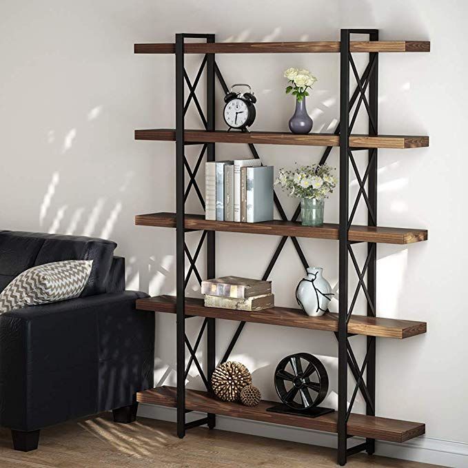 5-Shelf Vintage Industrial Bookcase,Wood and Metal Open Bookshelf Antique Nutmeg