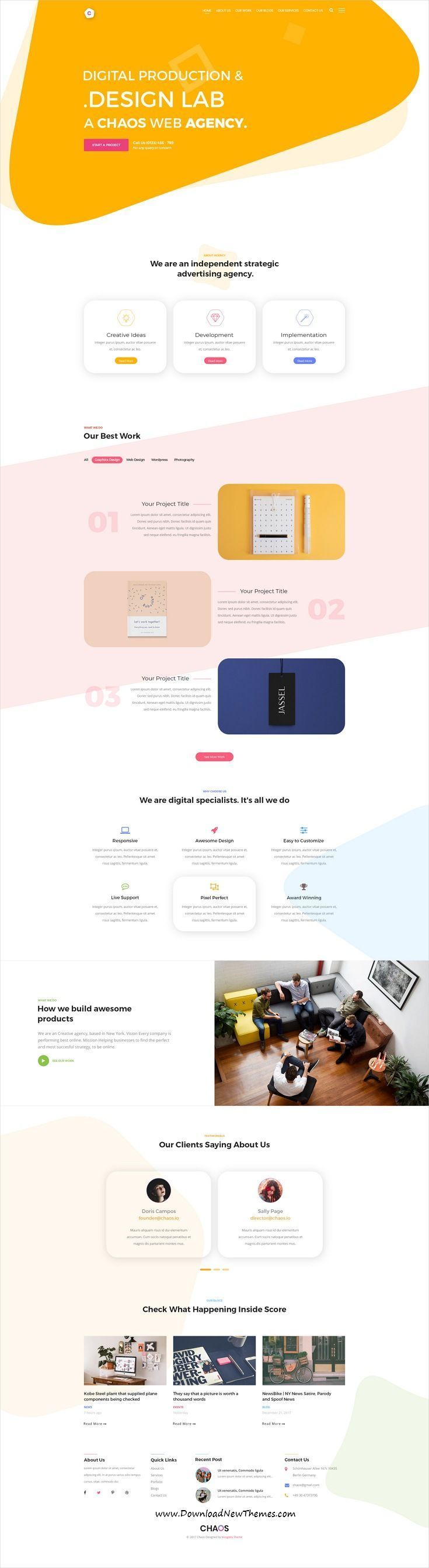 Chaos is clean and modern design #PSDtemplates for onepage #creative agency landing page website with 4 #homepage layouts and 13 layered PSD pages to live preview & download click on Visit