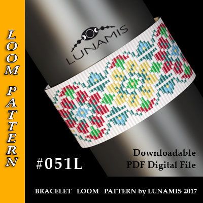 PDF FORMAT / PATTERN ONLY. Create this beautiful cuff bracelet. Bracelet loom patterns / square stitch made with size 11/0 Miyuki Delica beads Width: 4,0 cm / 1.5 (29 columns) Length: 16 cm / 6.3 Colors: 6 Patterns include: - Large colored numbered graph paper (and non-numbered in another files) - Bead legend (numbers and names of Miyuki Delica beads colors ) - Word chart - Pattern preview This pattern is intended for users that have experience with loom and the pa...