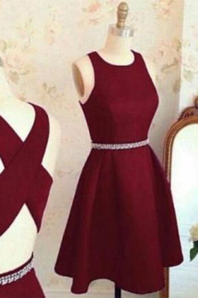 Burgundy Chiffon Round Neck A Line Cross Back Short Prom Dresssimple Dress For Teens Burgundy Chiffon Round Neck A Line Cross Back Short Prom Dresssimple Dress For Teens