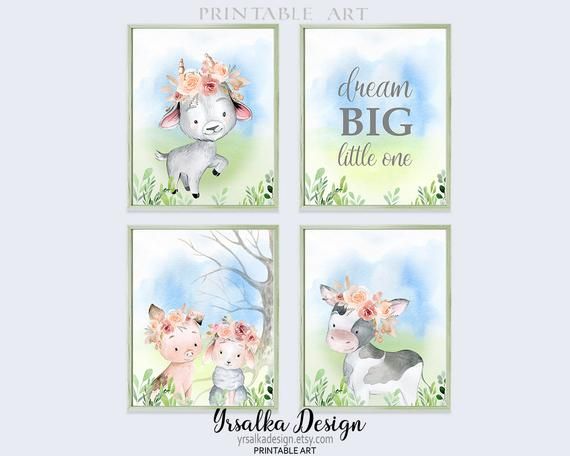 Baby Lamb Print Farm Animal Girl Nursery Decor Floral Crown Animal Wall Art Girl Room Watercolor Pai