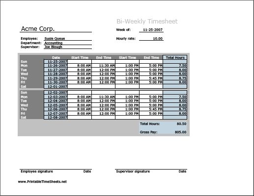 biweekly timesheet horizontal orientation printable time time sheet calc