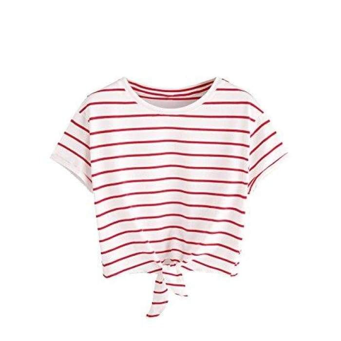 Romwe Womens Knot Front Cuffed Sleeve Striped Crop Top Tee T-Shirt
