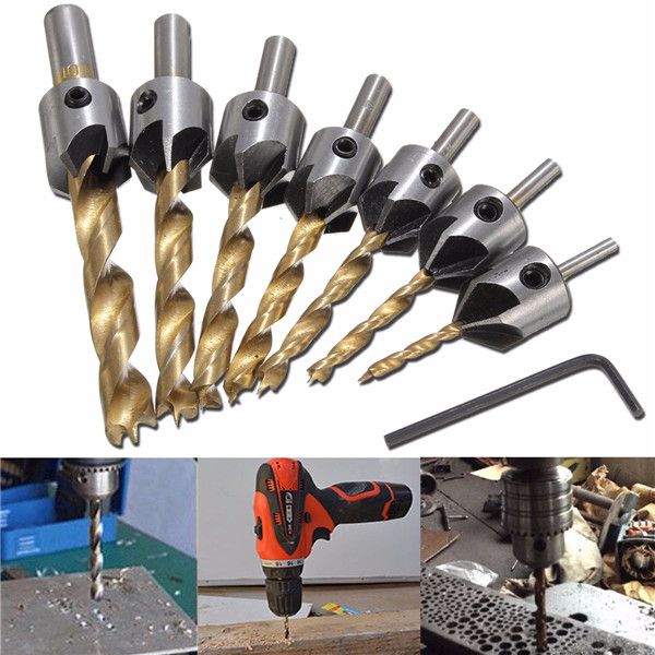 Drillpro 7pcs HSS 5 Flute Countersink Drill Bit Set Reamer Woodworking 3-10mm