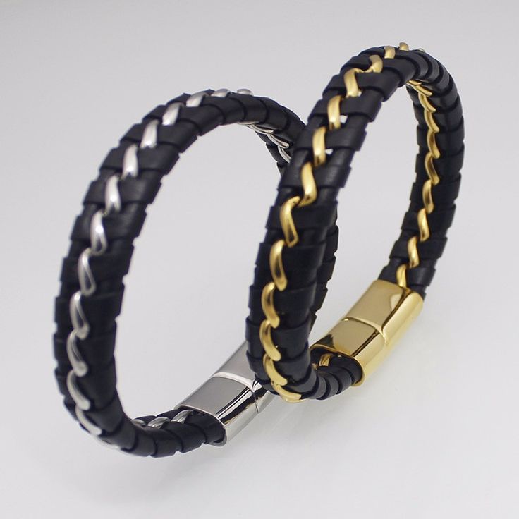 Para Hombre de Cuero Negro De Cuero Trenzado Pulseras Brazaletes Magnético Broches