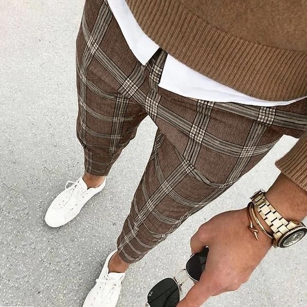 mens casual street plaid cropped pants