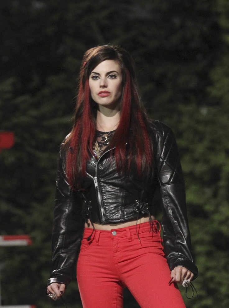 Meghan Ory | Meghan ory, Leather jacket, Red jeans