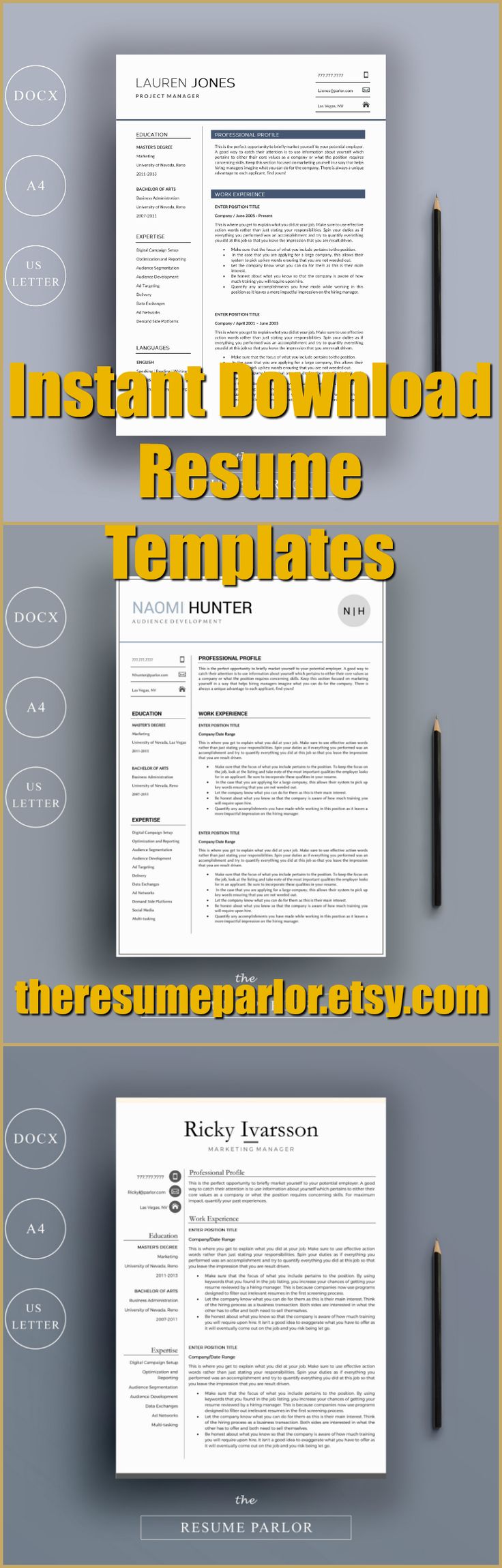 Super easy to fill out resume template for MS Word. Compatible with MS Word 2007 and later docx format.
