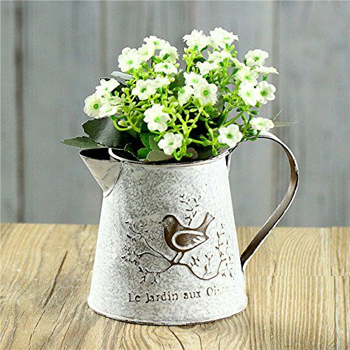 French Style White Shabby Chic Mini Metal Pitcher Flower Vase With Vintage Bird Decorative French Style White Shabby Chic Mini Metal Pitcher Flower Vase With Vintage Bird Decorative