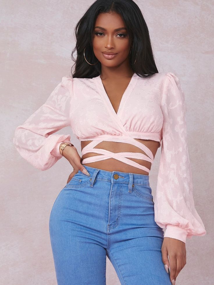 SHEIN SXY Lantern Sleeve Lace Up Crop Top