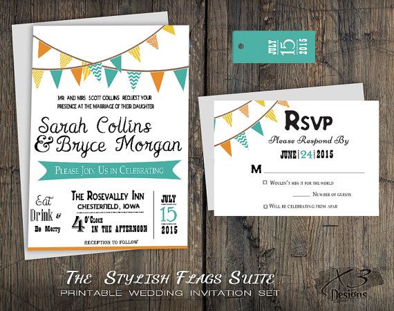 Printable Rustic Wedding Invitation Set Country Backyard Bunting Flags Teal Orange Yellow DIY Barn Printable Rustic Wedding Invitation Set Country Backyard Bunting Flags Teal Orange Yellow DIY Barn