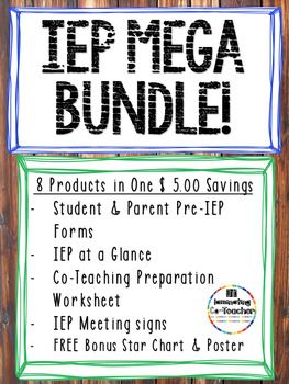 Everything a special education teacher needs! - IEP at a Glance Template - Pre-IEP Parent and Student Feedback Forms - Co-Teaching Preparation Worksheet - IEP Mtg in Progress Signs for your Door *2 FREE BONUS PRODUCTS - I am working towards 6 star
